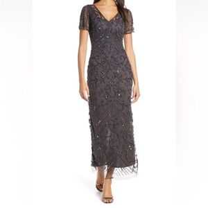 Pisarro Nights Beaded Mesh Column Gown (Size 2) - Color Gray/Blue/Slate